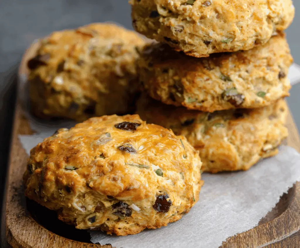 Healthy homemade Breakfast Protein Biscuits with oats, eggs, and protein powder on a wooden tray, perfect for a nutritious morning meal.