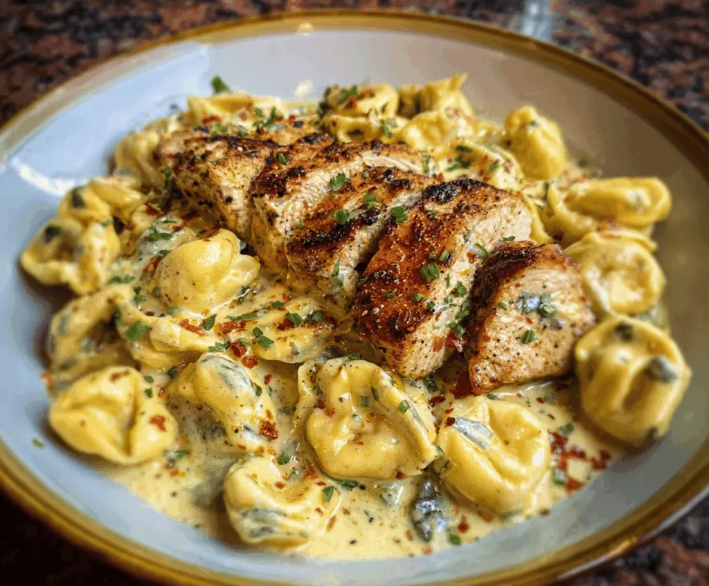 Delicious Cajun Chicken Tortellini topped with creamy garlic sauce and fresh herbs on a white plate.