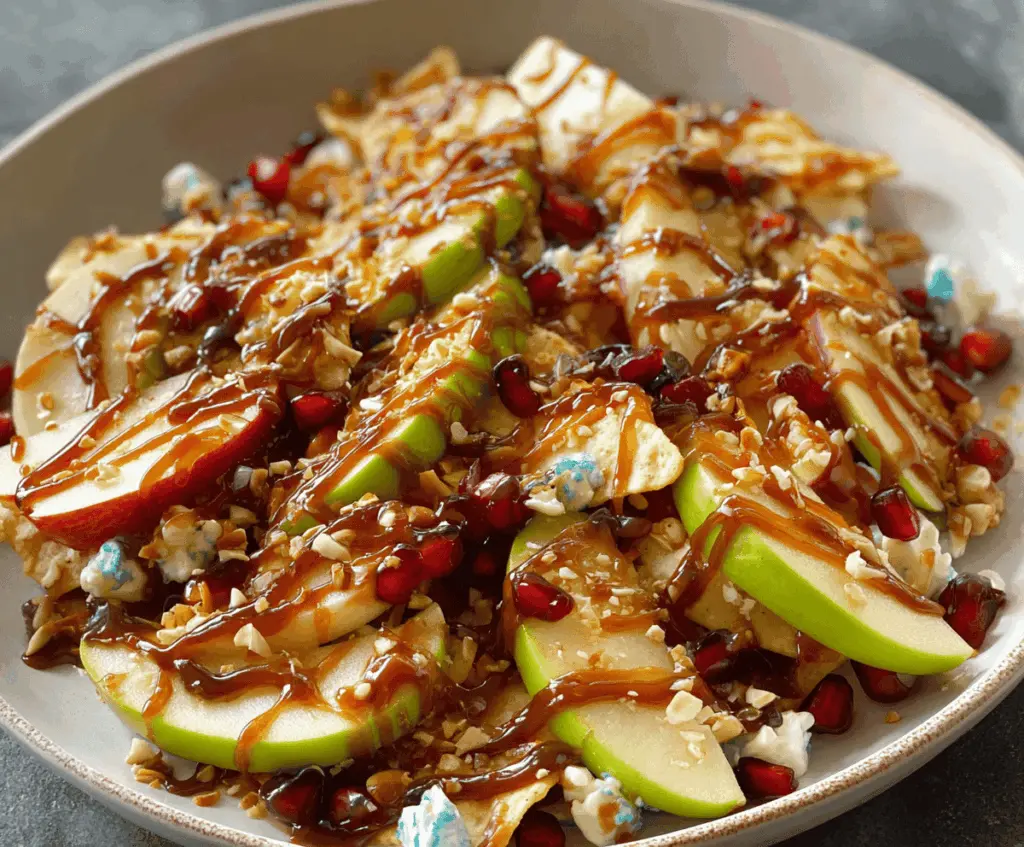 Delicious caramel apple nachos topped with melted caramel, chopped nuts, and colorful sprinkles on sliced crisp apples