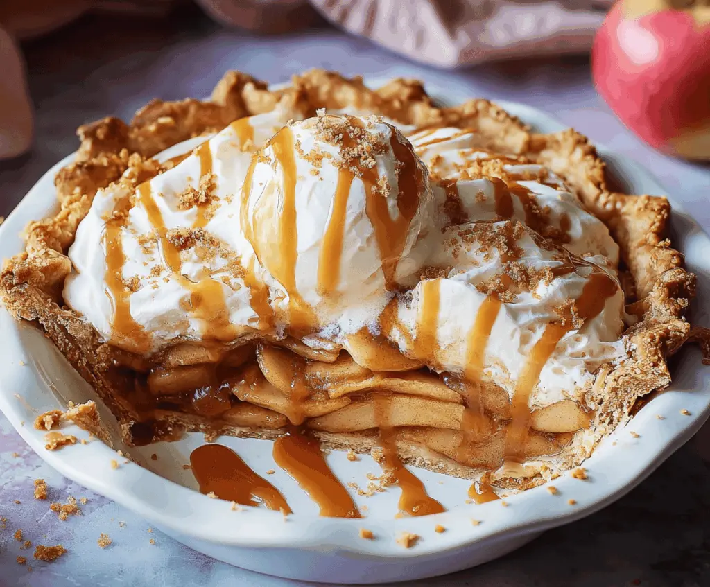 Delicious caramel apple pie topped with golden crust and caramel drizzle, ready to enjoy a warm slice