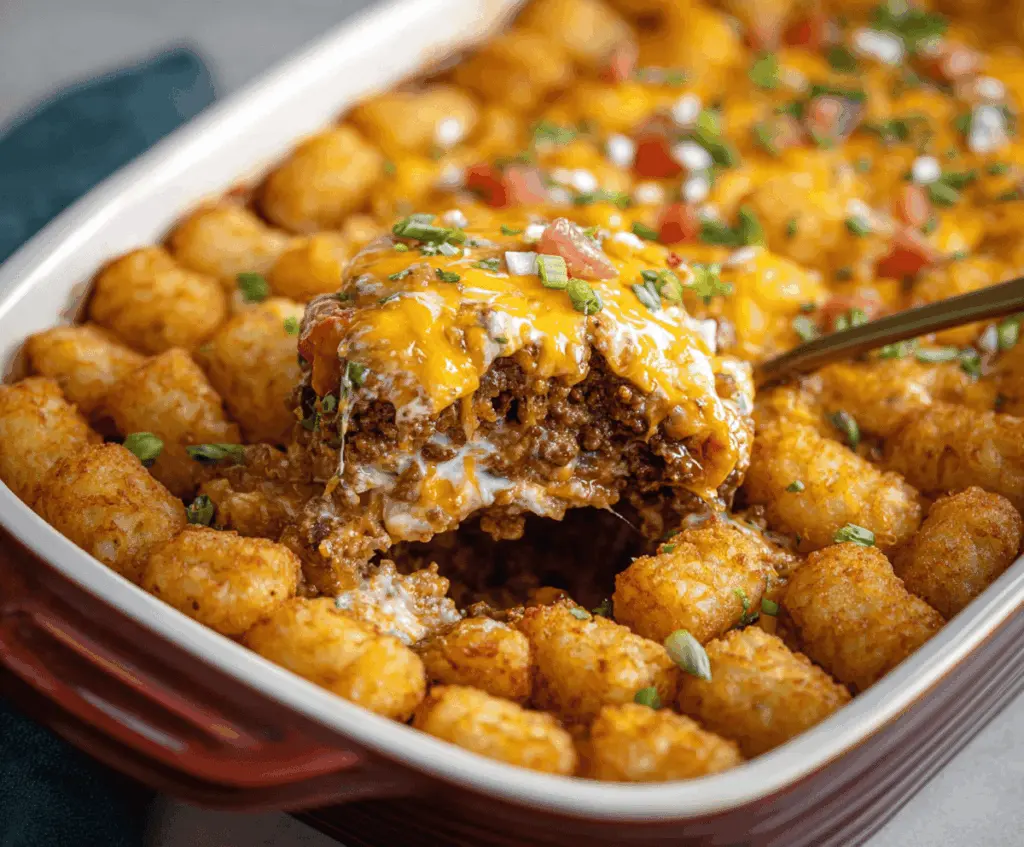 Delicious cheeseburger tater tot casserole with melted cheese, seasoned ground beef, and crispy tater tots, served in a baking dish.