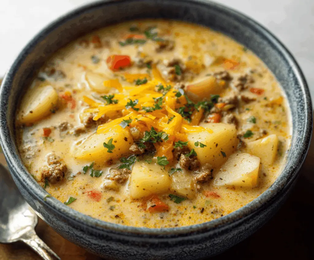 A bowl of creamy cheesy hamburger potato soup topped with melted cheese, chopped herbs, and served with fresh bread on the side.
