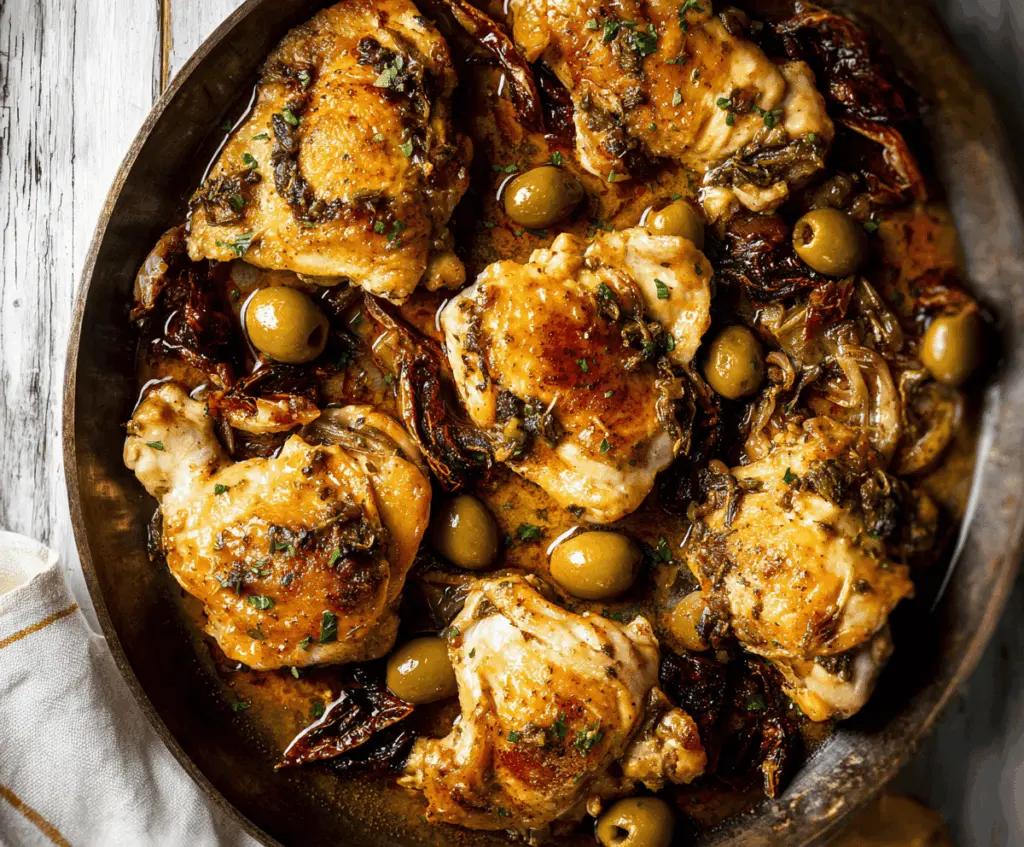 Juicy Chicken Marbella with olives, prunes, and herbs served on a white plate, perfect for a flavorful Mediterranean-inspired meal.