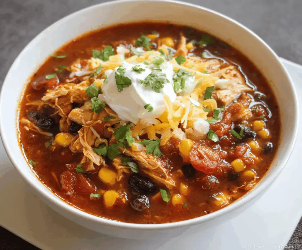 Hearty Chicken Taco Soup with shredded chicken, corn, black beans, diced tomatoes, and taco seasoning in a bowl topped with fresh cilantro and shredded cheese.