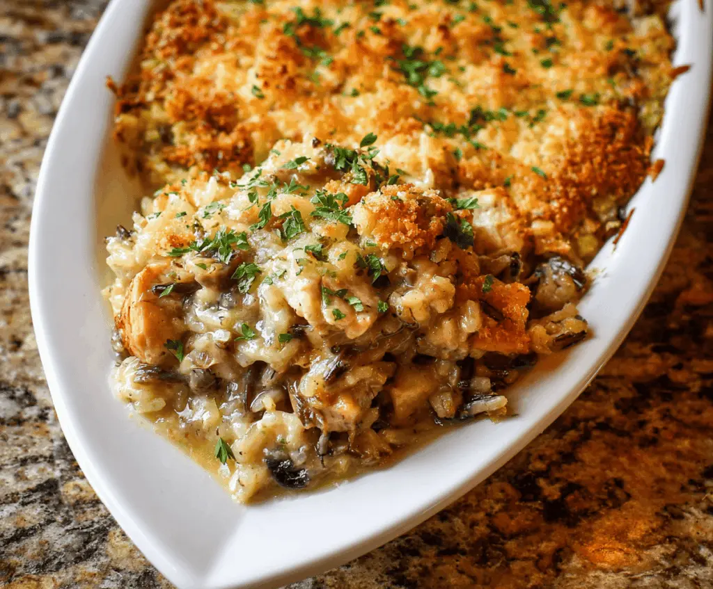 Creamy chicken wild rice casserole topped with melted cheese and fresh herbs, served in a baking dish