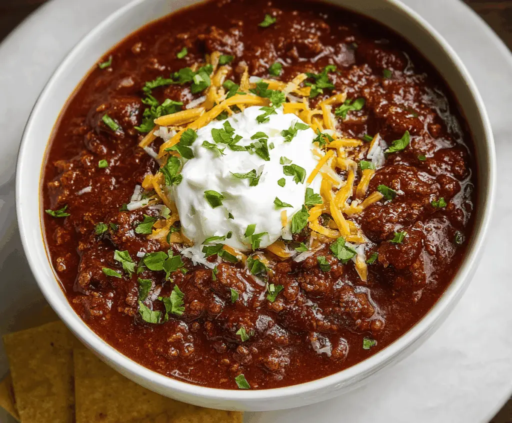 A bowl of hearty classic beef chili topped with shredded cheese and fresh cilantro, served with cornbread on the side.