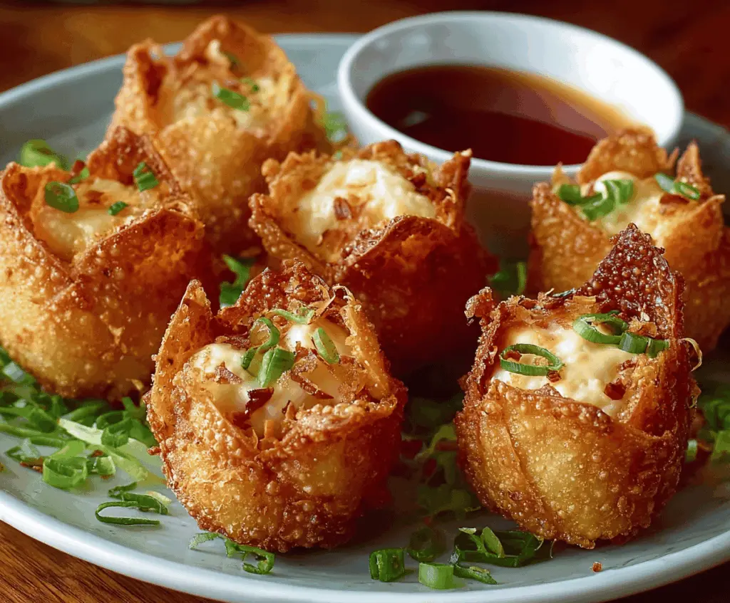 Golden Crab Rangoon Bombs served with sweet chili dipping sauce on a white plate, featuring crispy fried exterior and creamy crab filling