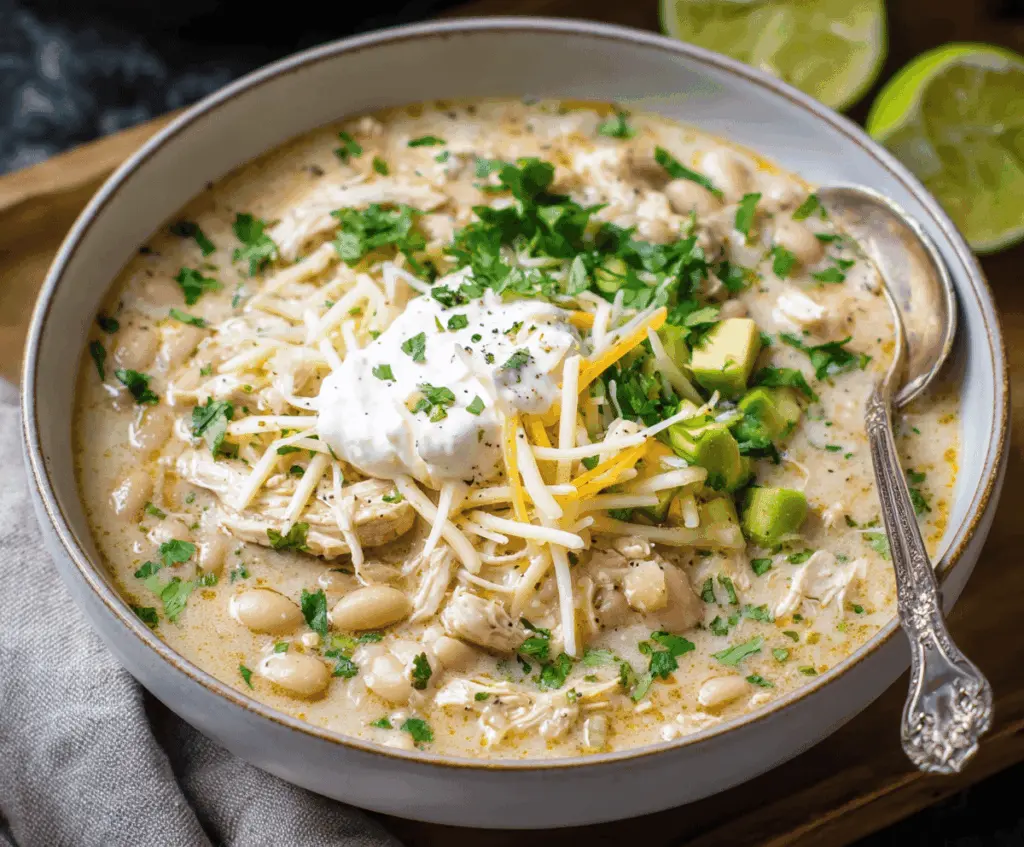 Creamy Crockpot White Chicken Chili served in a bowl with shredded chicken, white beans, green chilies, and fresh cilantro, perfect for a cozy meal