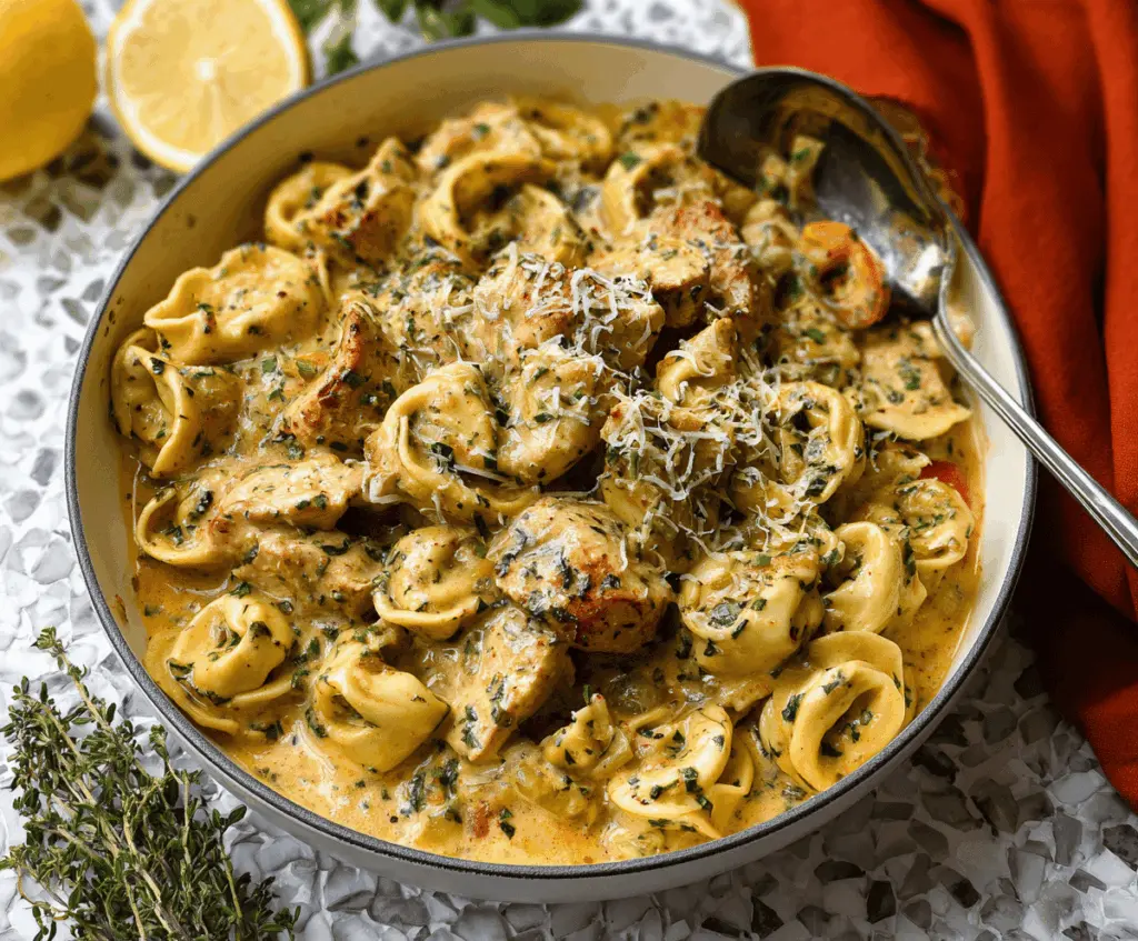 Creamy herb chicken tortellini served in a white bowl garnished with fresh herbs, showcasing a delicious and flavorful Italian-inspired pasta dish.
