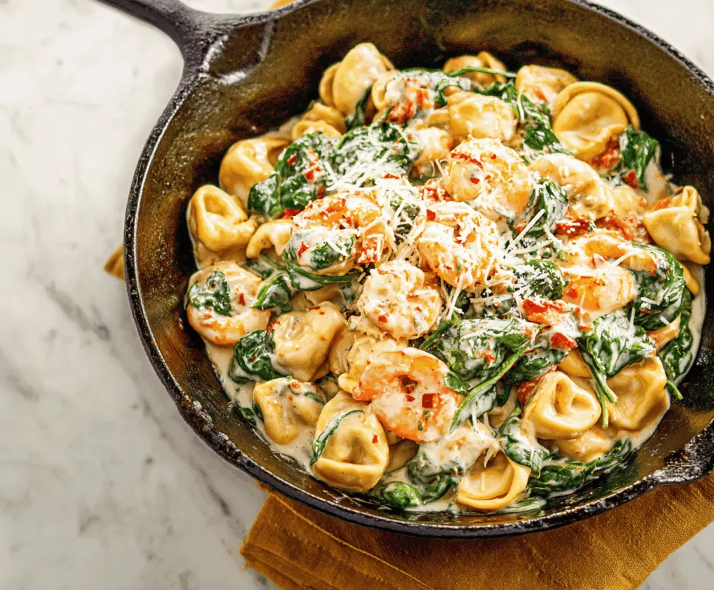 Creamy shrimp and spinach tortellini dish with fresh herbs on a white plate