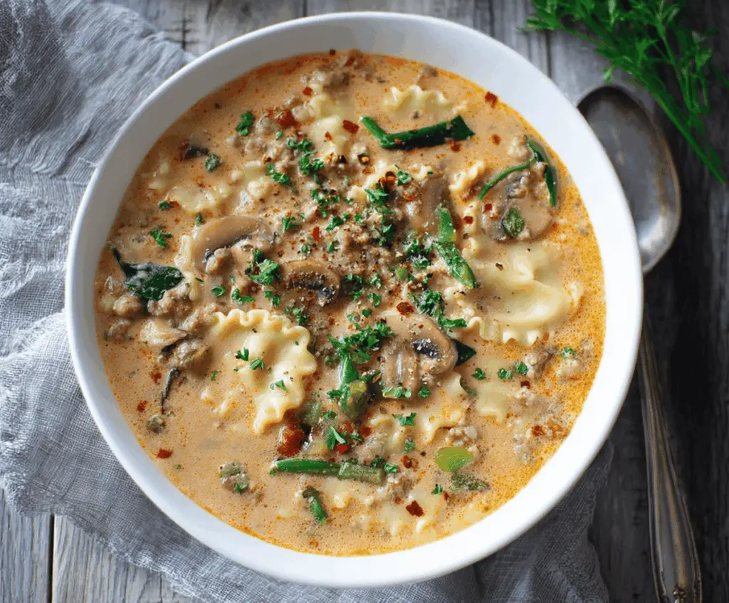 Creamy vegetarian lasagna soup in a bowl topped with fresh herbs and melted cheese, served with garlic bread on the side.