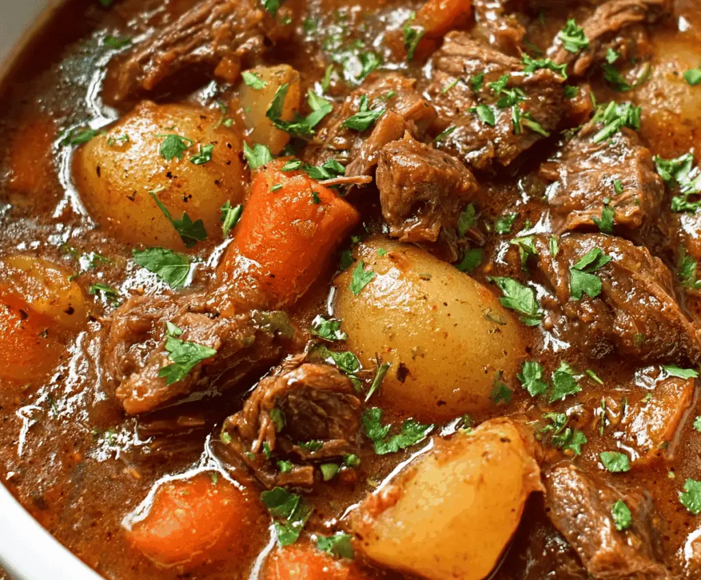 Delicious homemade Crockpot Beef Stew with tender beef, carrots, potatoes, and herbs served in a bowl