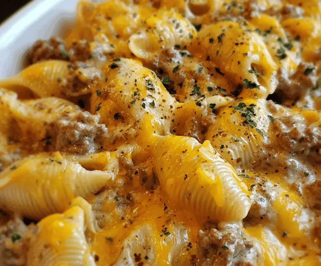 Creamy Crockpot Cheesy Ranch Beef Pasta Shells dish topped with melted cheese, featuring tender beef, pasta shells, and flavorful ranch seasoning, perfect for a hearty and easy dinner.