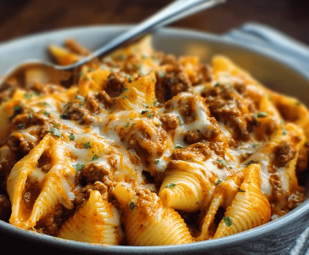 Crockpot Cheesy Ranch Beef Pasta Shells