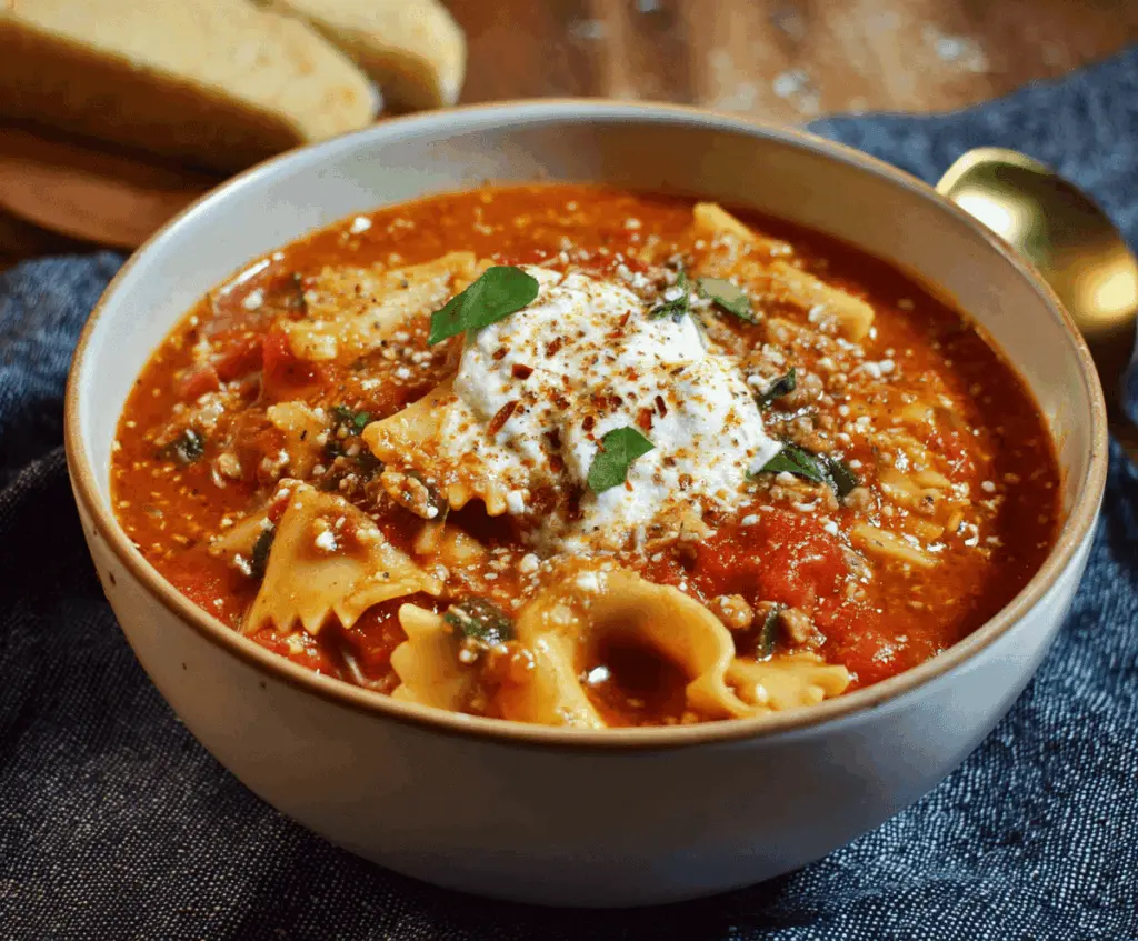 Creamy and hearty Crockpot Lasagna Soup in a bowl topped with melted cheese, fresh basil, and grated Parmesan, perfect for a comforting family dinner.