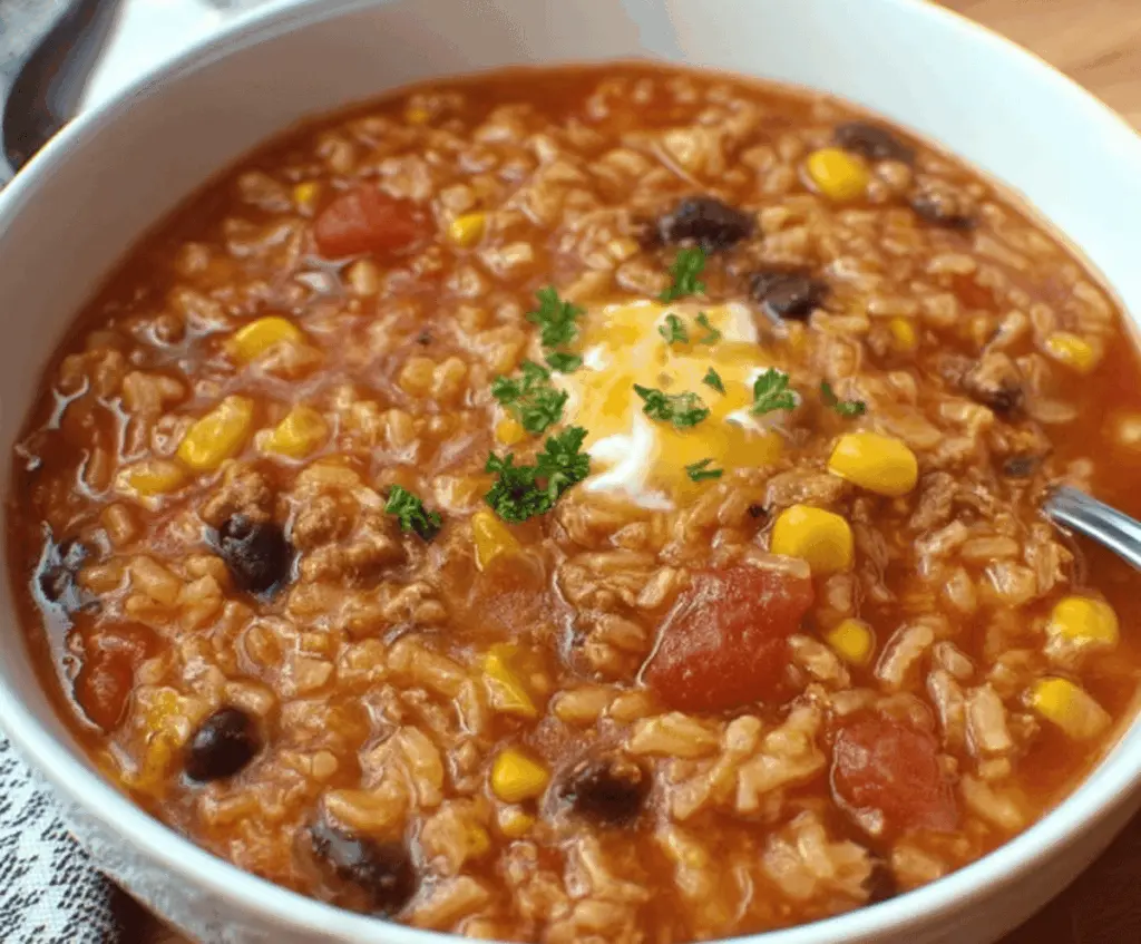 Delicious Crockpot Taco Rice Soup served in a bowl with fresh toppings and garnishes, perfect for a flavorful, hearty meal