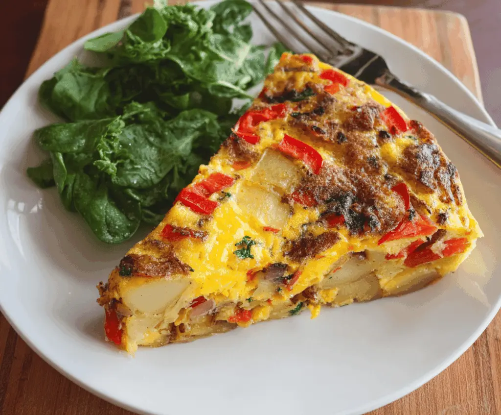 Delicious easy potato and pepper frittata with golden crust and colorful vegetable toppings, perfect for breakfast or brunch.