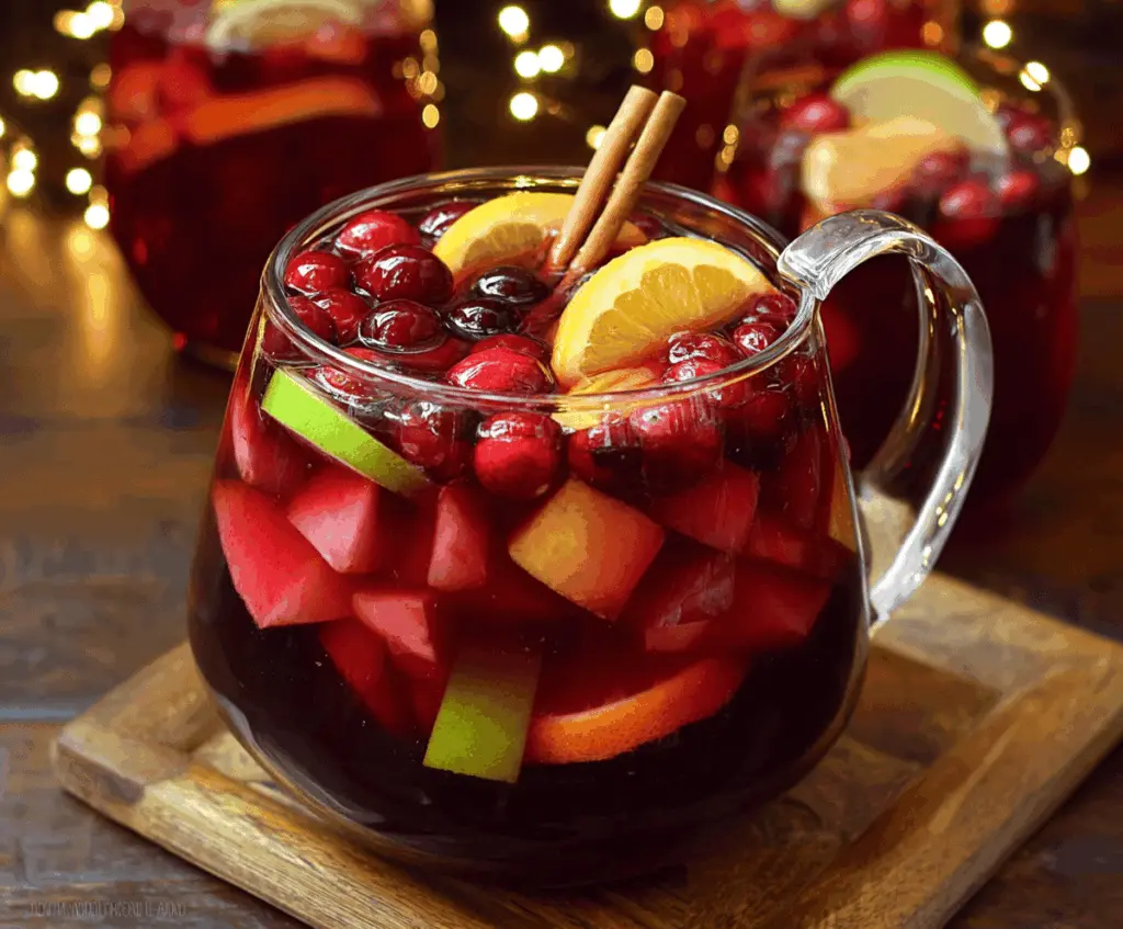 Festive cranberry sangria with fresh cranberries, orange slices, and mint leaves, perfect for Thanksgiving dinner celebrations