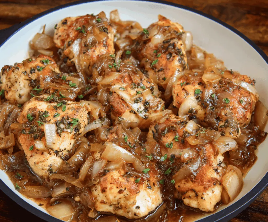 Creamy French Onion Chicken served with caramelized onions and melted cheese, perfect for a flavorful and comforting meal.