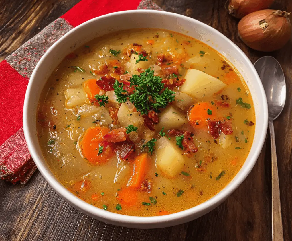 Creamy German Potato Soup garnished with fresh herbs in a rustic bowl, perfect for a hearty and comforting meal.
