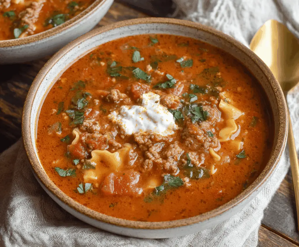 A steaming bowl of gluten-free lasagna soup topped with melted cheese, fresh basil, and grated Parmesan, served in a rustic bowl with a spoon, highlighting a hearty and flavorful Italian-inspired meal.