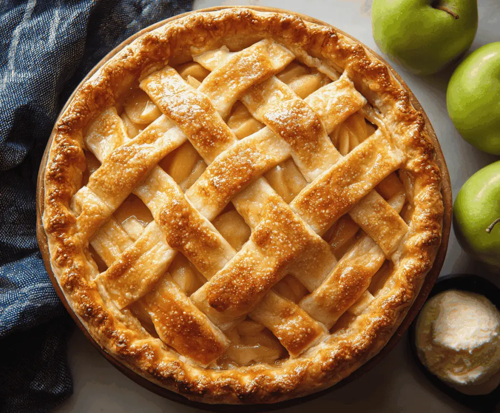 Homemade Granny Smith apple pie with golden crust and sliced green apples, perfect for dessert or a cozy family treat.