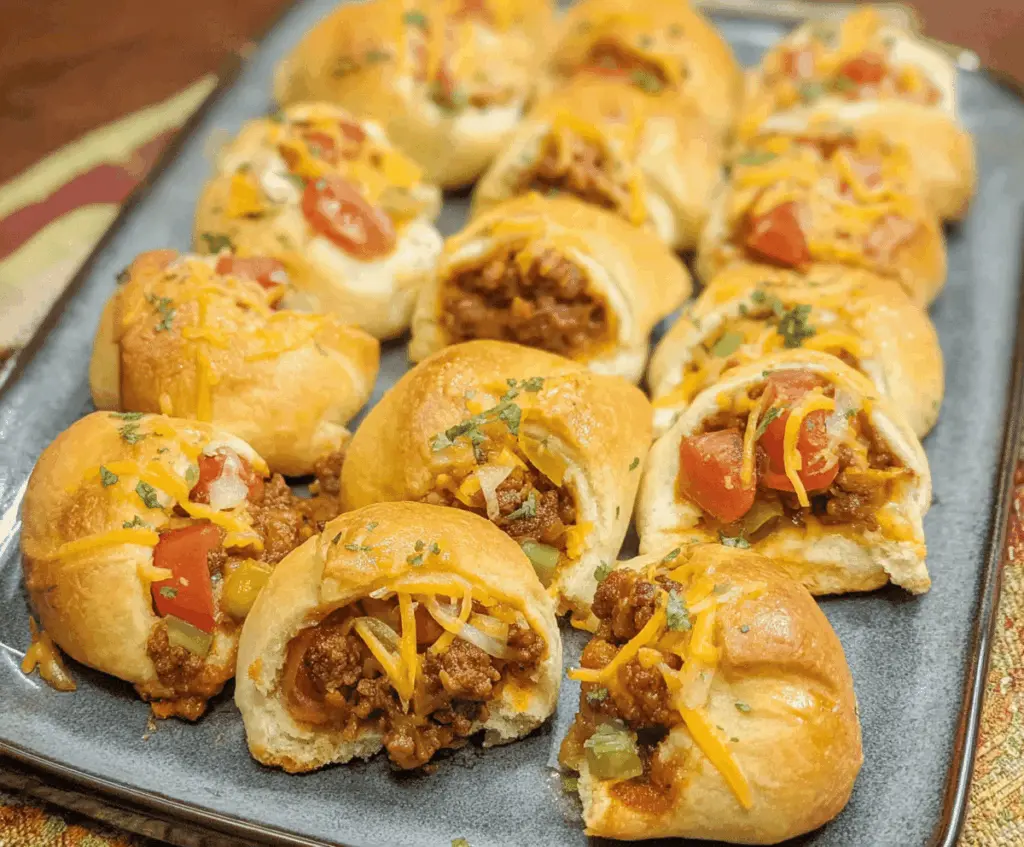Delicious Ground Beef Nacho Bites topped with melted cheese on flaky crescent roll crust, perfect for snacks or parties