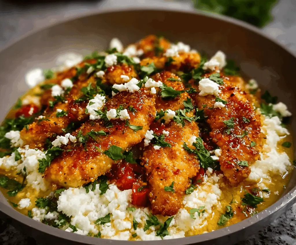 Delicious Hot Honey Feta Chicken plated with melted feta cheese, drizzled with hot honey sauce, garnished with fresh herbs on a rustic wooden background.