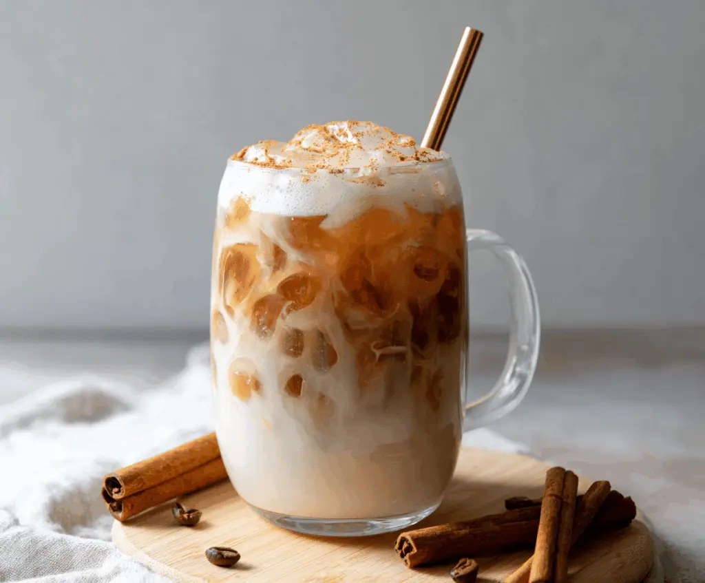 Iced Apple Crisp Cream Chai Latte topped with whipped cream and cinnamon, served in a glass with a cinnamon stick garnish.