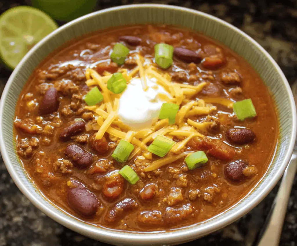 Creamy and hearty Instant Pot Chili served in a bowl with fresh toppings, perfect for a quick and flavorful meal