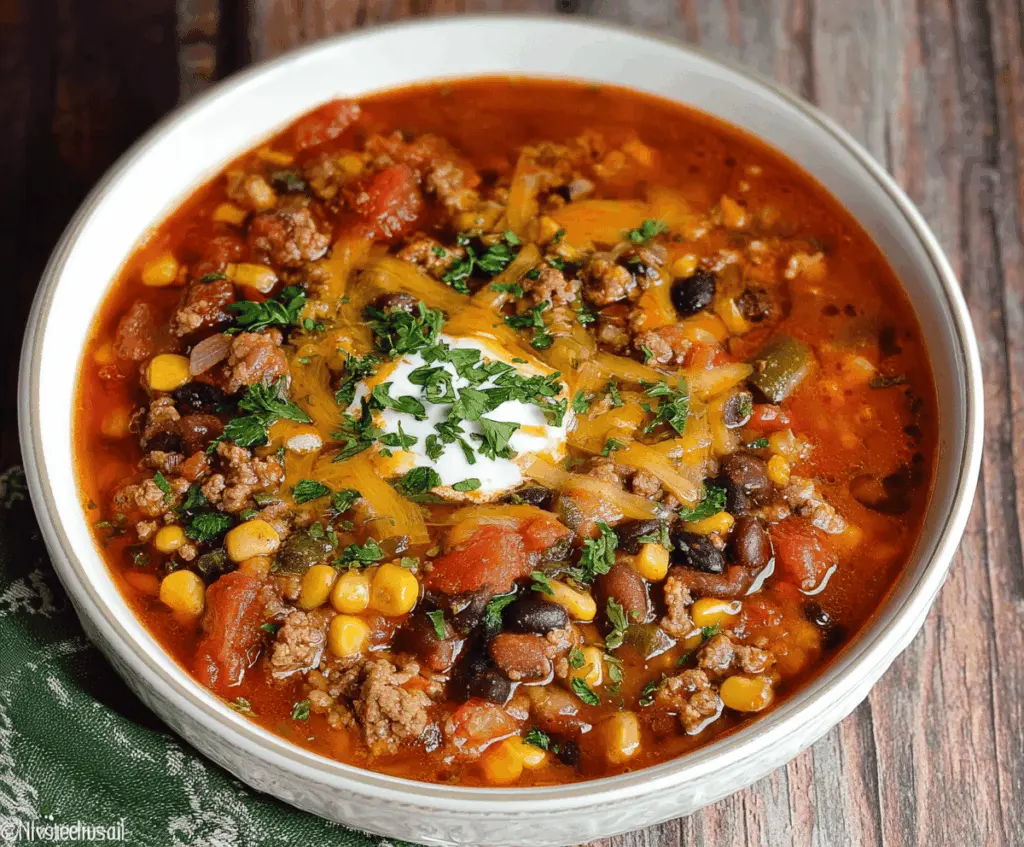 Delicious Instant Pot Loaded Taco Soup with seasoned ground beef, beans, corn, and melted cheese in a bowl, ready to serve.