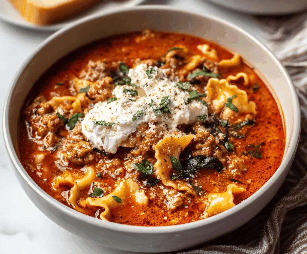 Delicious Italian Sausage Lasagna Soup with melted cheese, fresh herbs, and rich tomato broth in a bowl