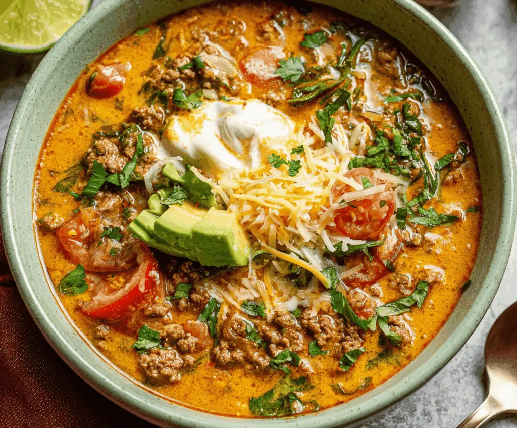 Delicious bowl of Keto Taco Soup with ground beef, diced tomatoes, shredded cheese, and fresh cilantro, perfect for low-carb meal.