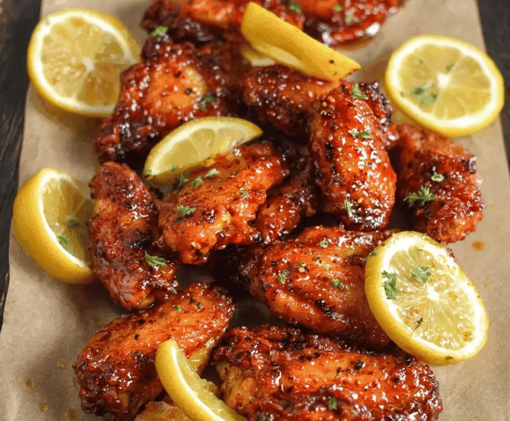 Crispy Lemon Pepper Wings drizzled with honey, served on a plate with lemon wedges and fresh herbs