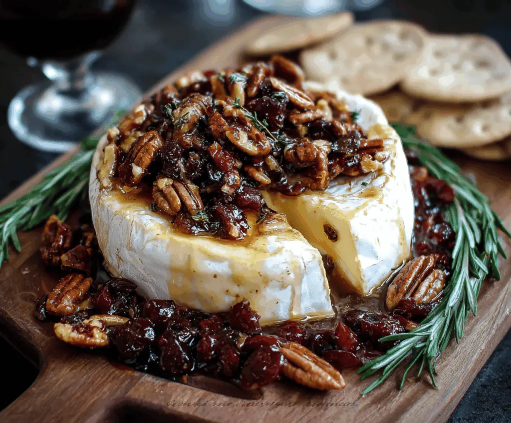 Creamy baked brie topped with crunchy pecans and sweet maple syrup, served as a delicious appetizer or cheese platter addition.
