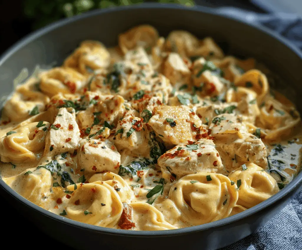 Creamy Marry Me Chicken Tortellini dish with tender tortellini, fresh herbs, and melted cheese in a rich sauce, perfect for a romantic dinner