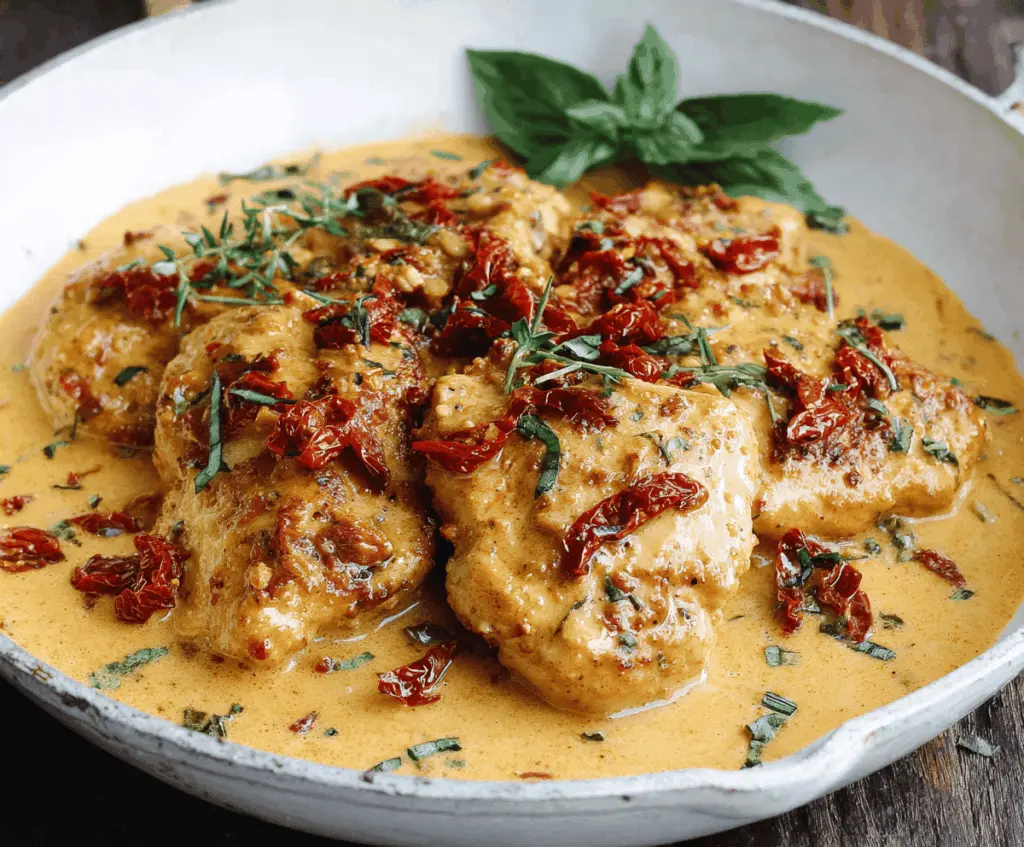 Marry Me Chicken with creamy sun-dried tomato sauce served on a white plate, garnished with fresh herbs for a flavorful and romantic dinner recipe