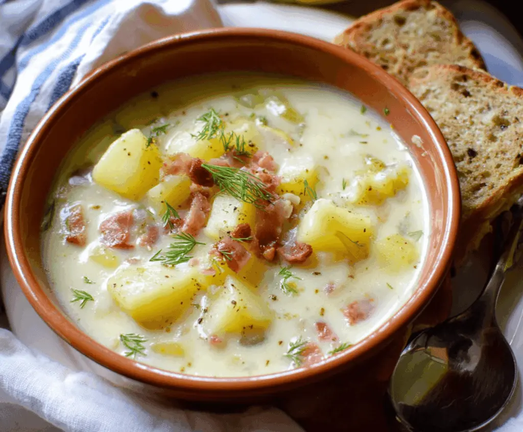 Creamy Old-Fashioned Potato Soup served in a rustic bowl, garnished with chopped chives and crispy bacon bits, perfect for a cozy meal.