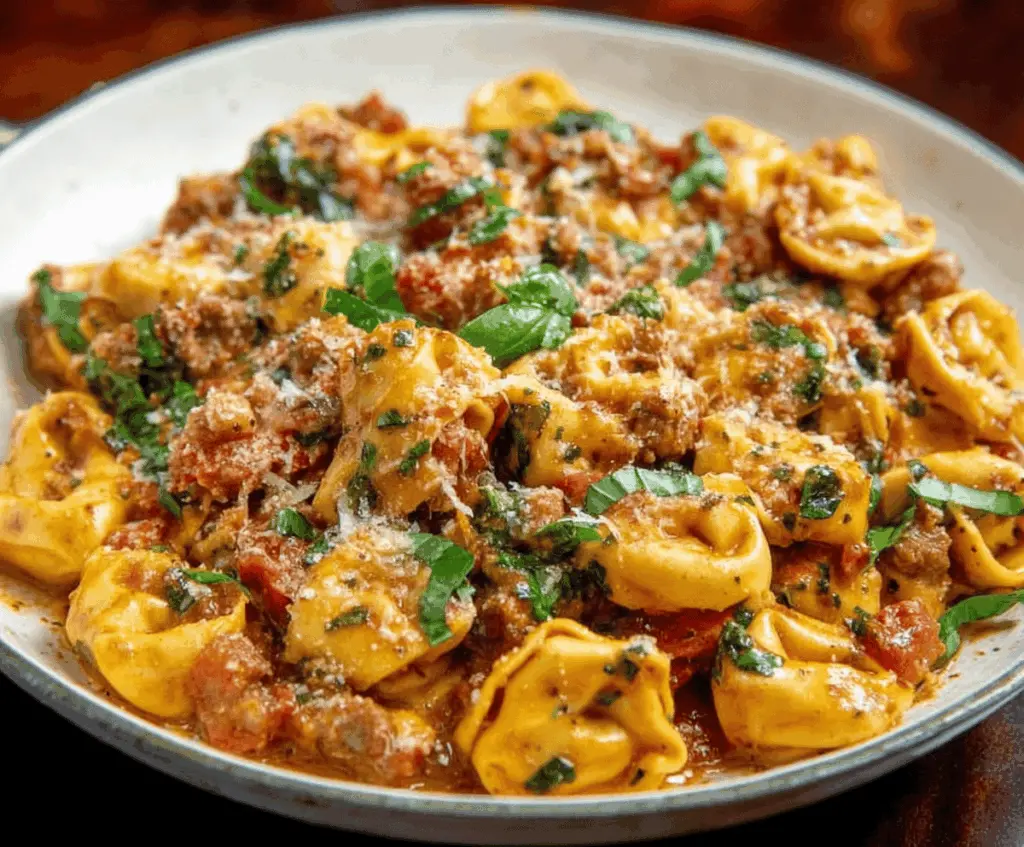Delicious one-pan tortellini with savory sausage and fresh herbs, perfect for a quick and flavorful meal.