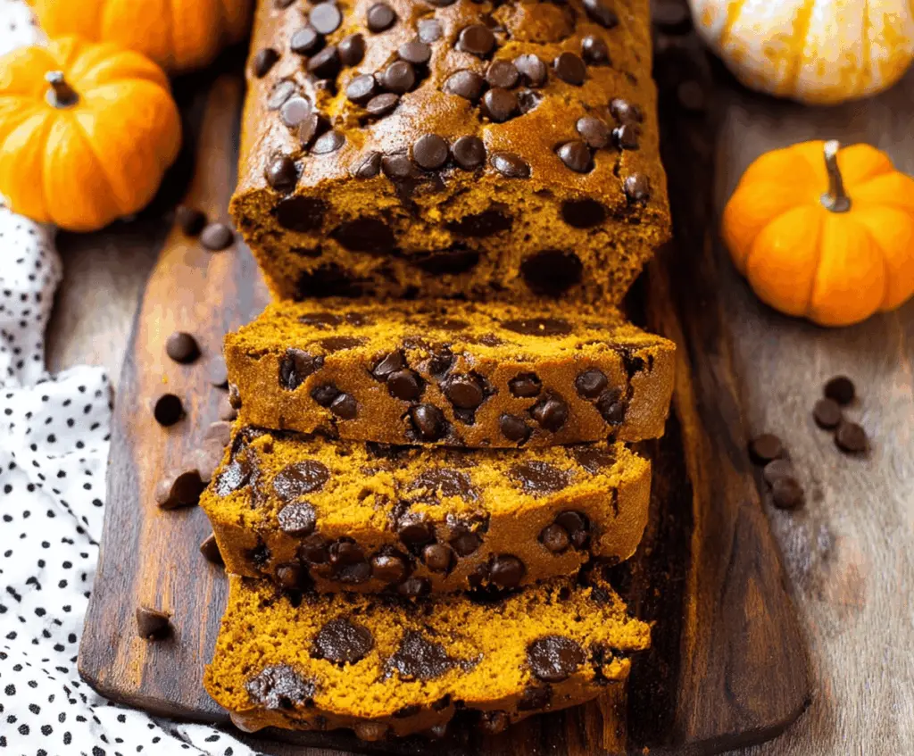 Delicious homemade pumpkin chocolate chip bread topped with chocolate chips and a sprinkle of cinnamon, perfect for fall baking.