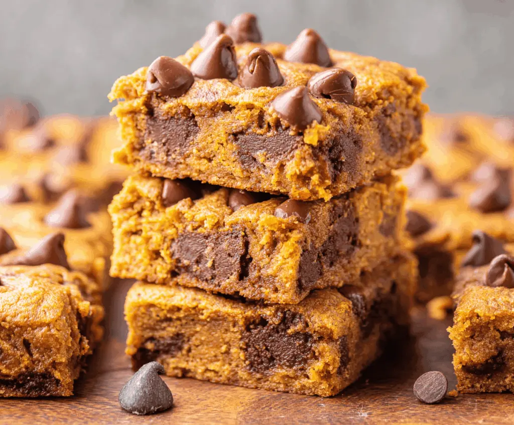 Delicious homemade pumpkin chocolate chip cookies or bars with a golden-brown crust and melty chocolate chips, perfect for fall baking.