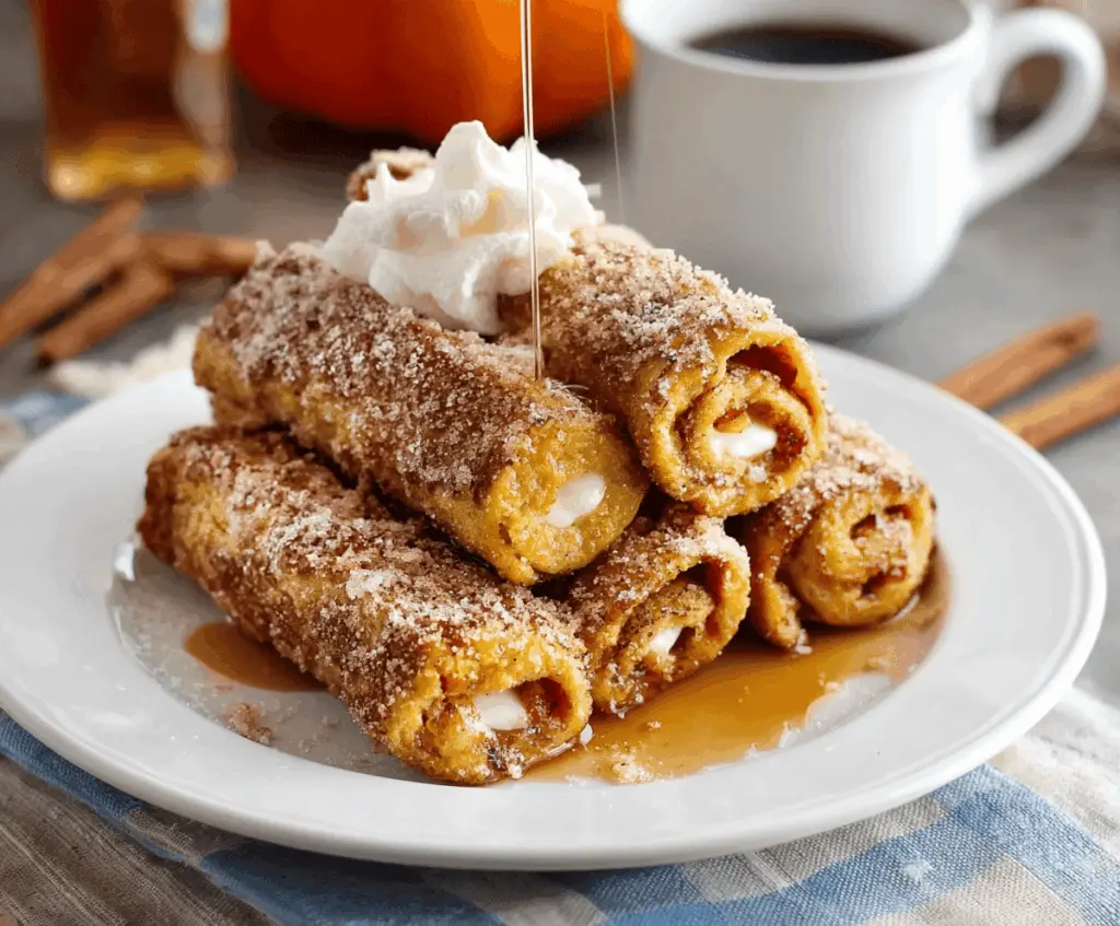 Delicious pumpkin French toast roll-ups garnished with powdered sugar and maple syrup on a plate, perfect for breakfast or brunch.