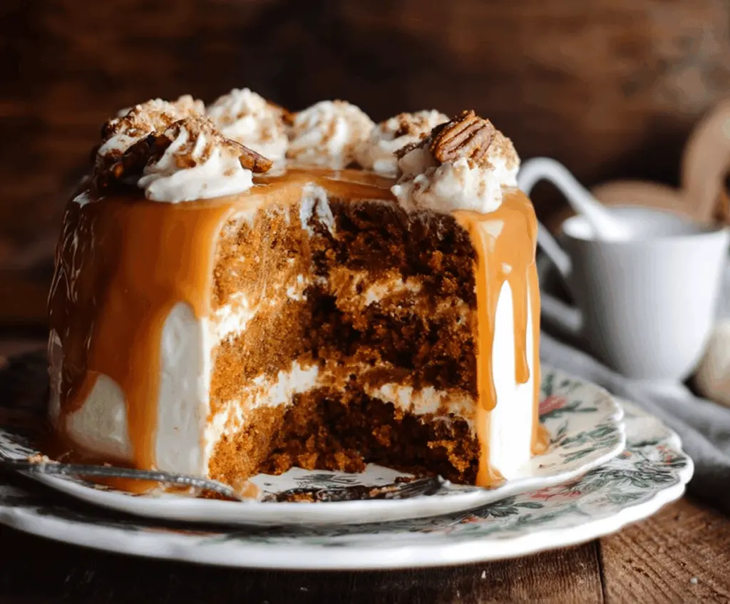 Delicious Pumpkin Layer Cake topped with creamy caramel-cream cheese frosting, perfect for fall celebrations and holiday desserts.