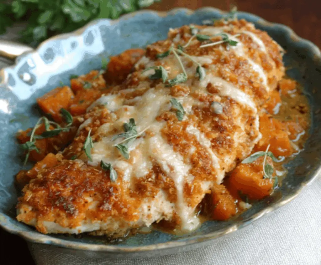 Creamy Pumpkin Parmesan Chicken Skillet topped with fresh herbs and melted cheese, served in a rustic skillet for a comforting fall-inspired meal.