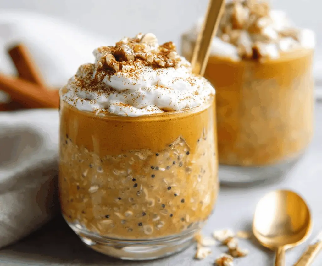 Creamy Pumpkin Pie Overnight Oats topped with whipped cream and cinnamon for a delicious, nutritious breakfast.