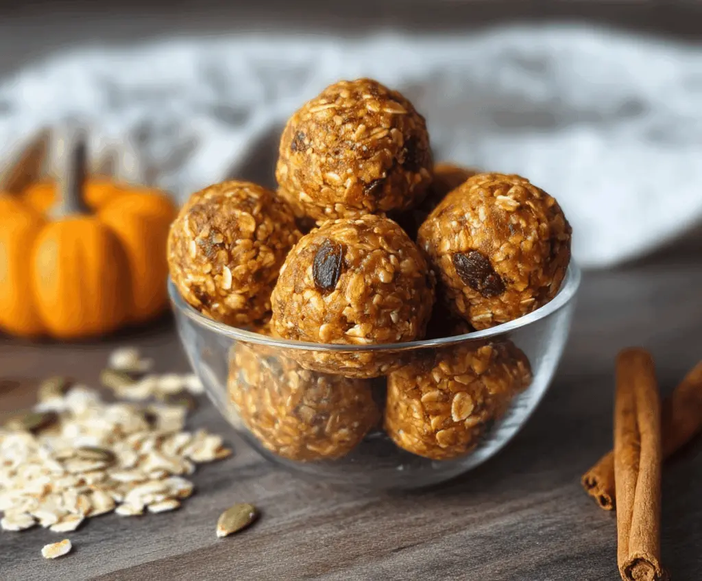 Healthy pumpkin spice energy bites with oats, almonds, and pumpkin puree, perfect for a quick snack or breakfast option.