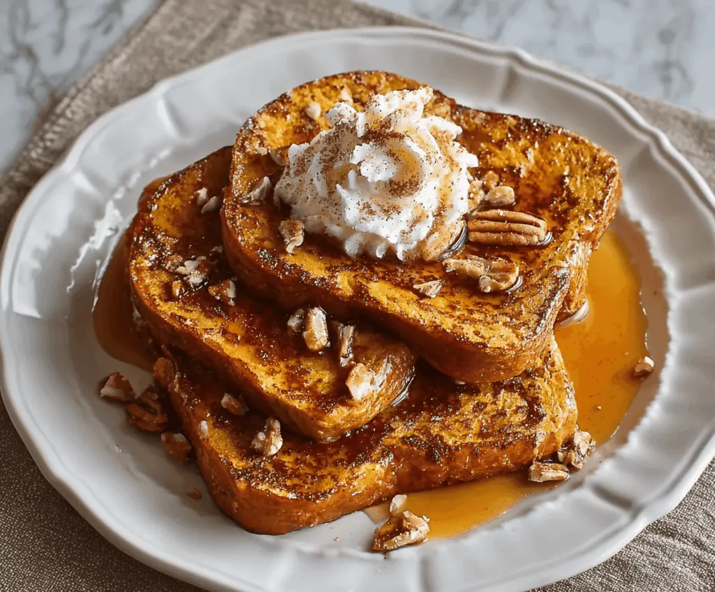 Delicious pumpkin spice French toast topped with whipped cream and cinnamon for a cozy breakfast