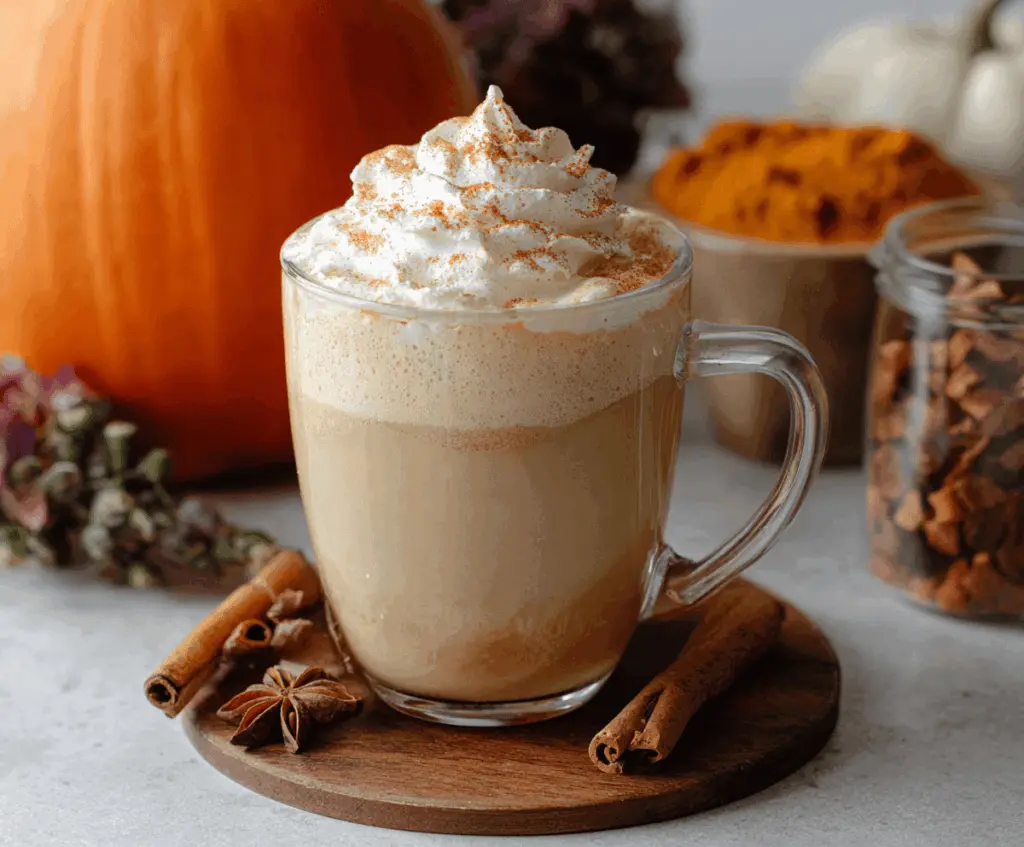 Creamy Pumpkin Spice Latte topped with whipped cream and cinnamon, served in a clear glass mug, perfect for fall mornings.