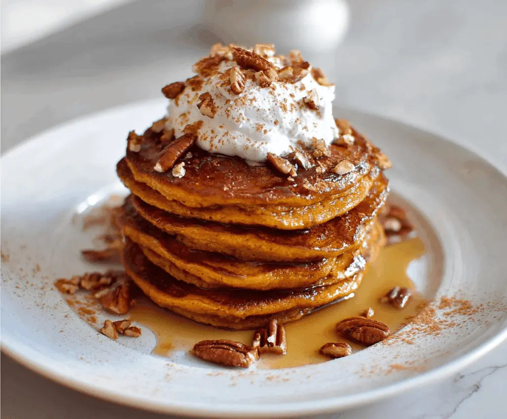 Fluffy pumpkin spice pancakes topped with whipped cream and cinnamon, served with maple syrup on a autumn-themed plate.