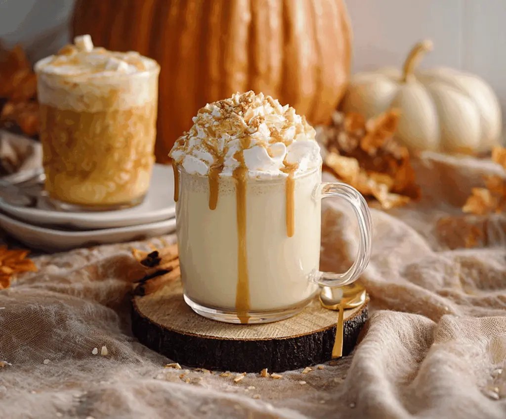 Creamy Pumpkin Spice White Hot Chocolate topped with whipped cream and cinnamon, perfect for cozy fall drinks.